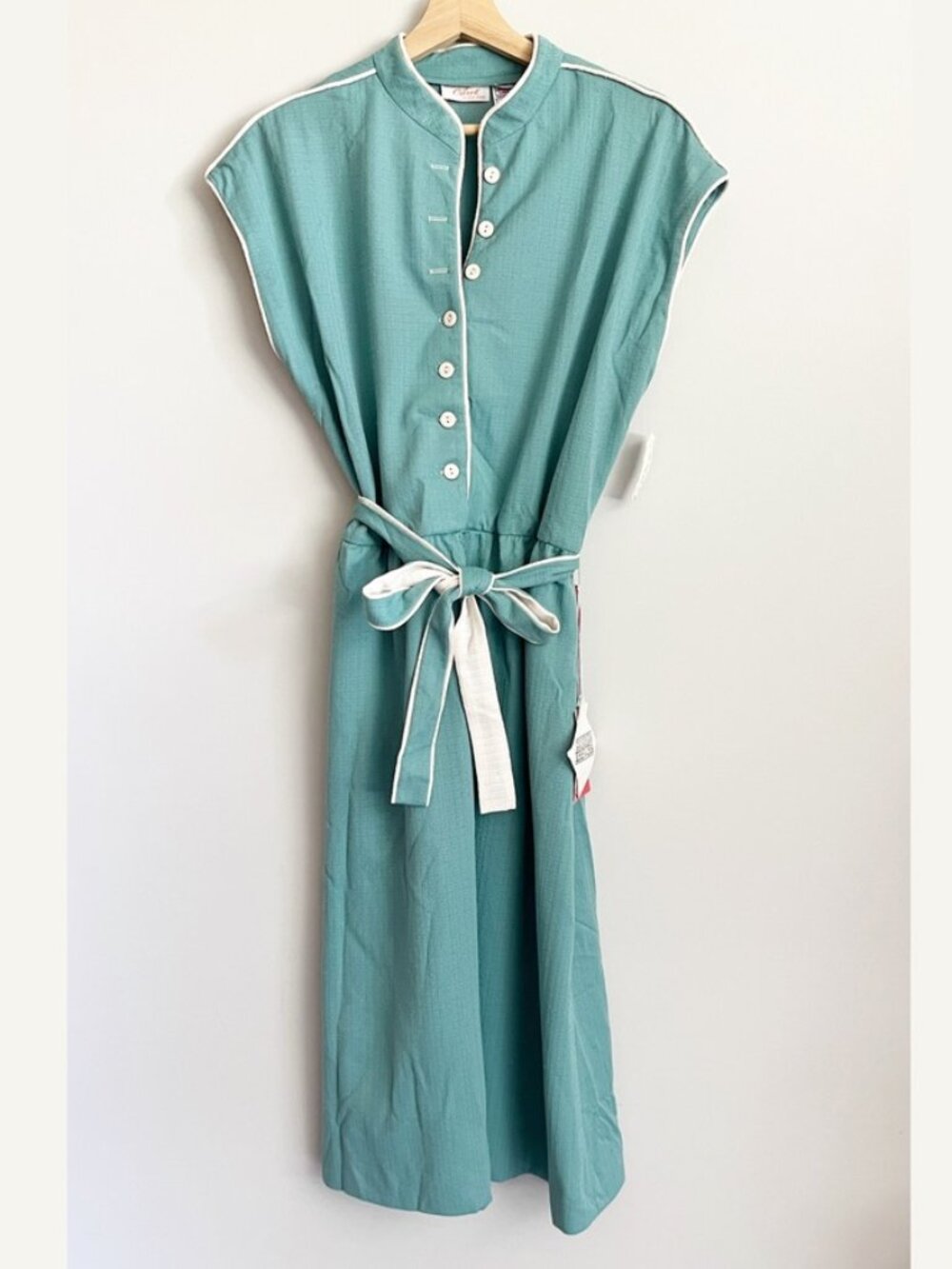 Lady Carol of NY Dress Size 20 Teal White Mod Mandarin Collar Belted Trevira NWT